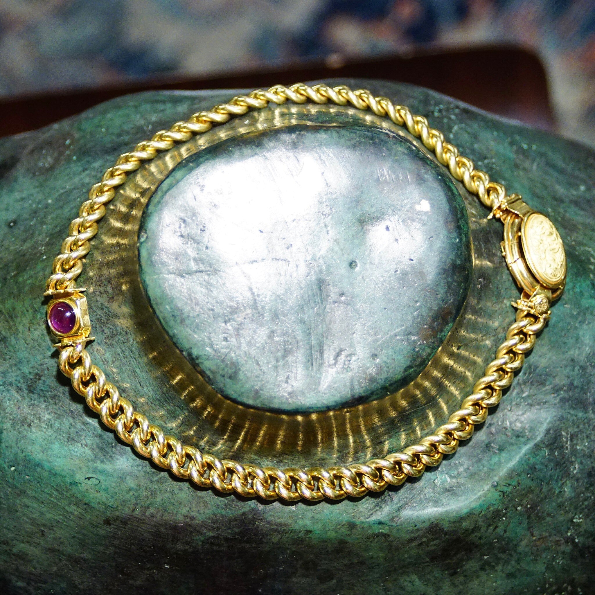 Vintage Italian 18K Gold Repousse Flower Cameo & Amethyst Cuban Link Chain Necklace, Chunky Yellow Gold Hollow Link Chain, 750 17" L