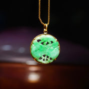 Vintage 14K Hand Carved Jadeite Jade Pendant, Small Carved Jade Disc With Yellow Gold Backing, Good Color, Floral Motifs, 1 1/8" L