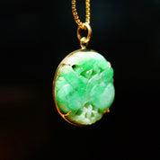 Vintage 14K Hand Carved Jadeite Jade Pendant, Small Carved Jade Disc With Yellow Gold Backing, Good Color, Floral Motifs, 1 1/8" L