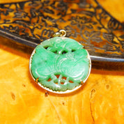 Vintage 14K Hand Carved Jadeite Jade Pendant, Small Carved Jade Disc With Yellow Gold Backing, Good Color, Floral Motifs, 1 1/8" L