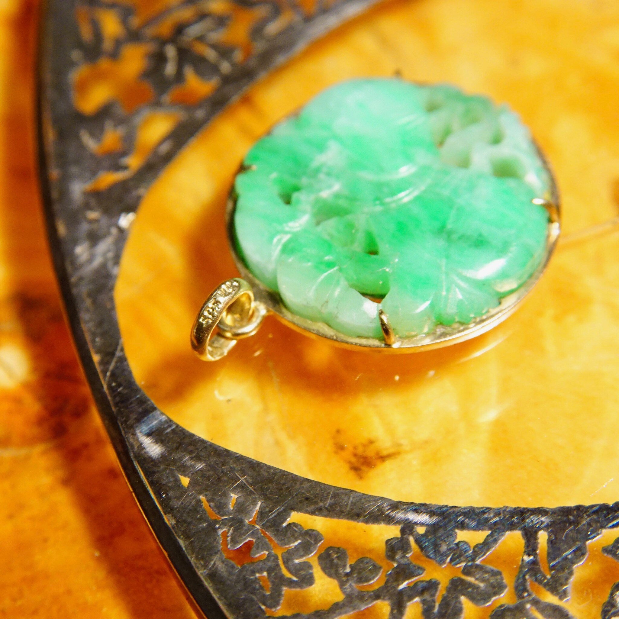 Vintage 14K Hand Carved Jadeite Jade Pendant, Small Carved Jade Disc With Yellow Gold Backing, Good Color, Floral Motifs, 1 1/8" L