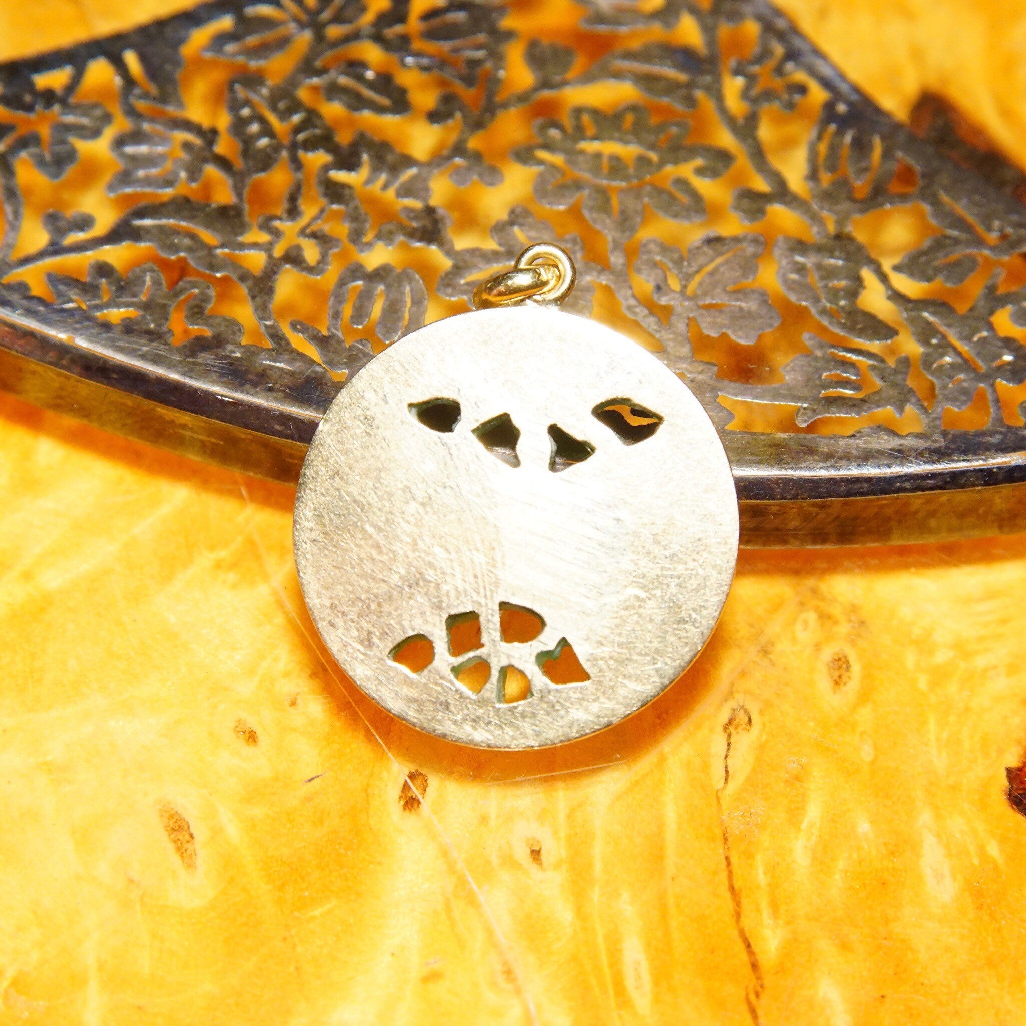Vintage 14K Hand Carved Jadeite Jade Pendant, Small Carved Jade Disc With Yellow Gold Backing, Good Color, Floral Motifs, 1 1/8" L