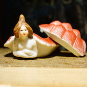 Antique Risqu Lady In Tortoise Shell Ceramic Figurine, Exposed Bare Butt, Eclectic Tchotchke, Made In Japan, 4 L x 2 1/2 L x 1 3/4 H
