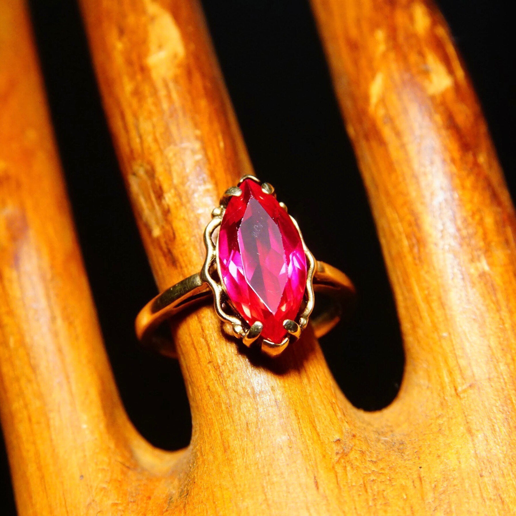 Antique 10K Yellow Gold Marquise Ruby Ring, Faceted Red Gemstone, Straight Gold Band, Size 6 1/4 US