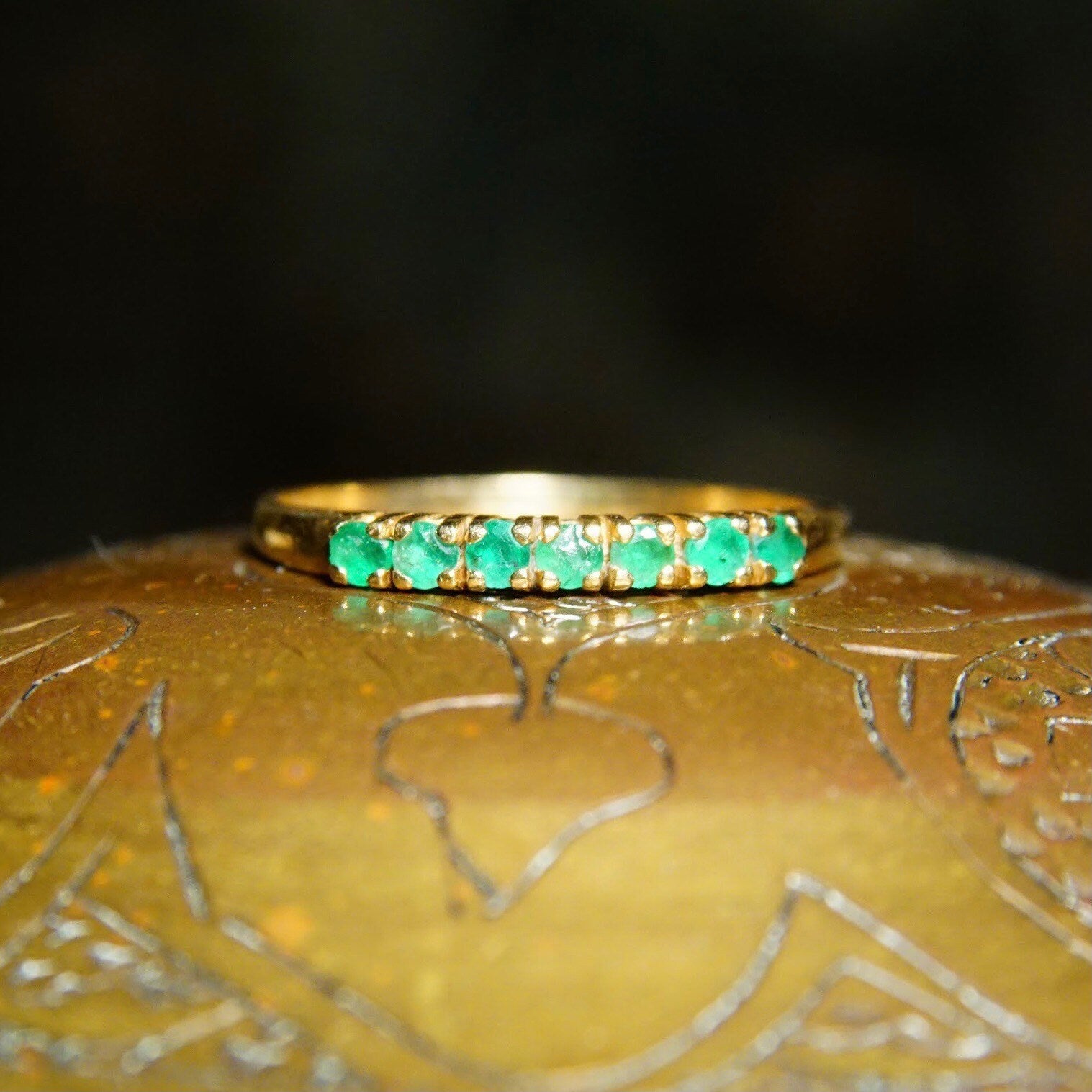 Vintage 14K Yellow Gold Emerald Half Eternity Ring, 7 Round-Cut Gemstones, Thin Gold Band, 585 Jewelry, Anniversary Ring, Size 7 1/4 US