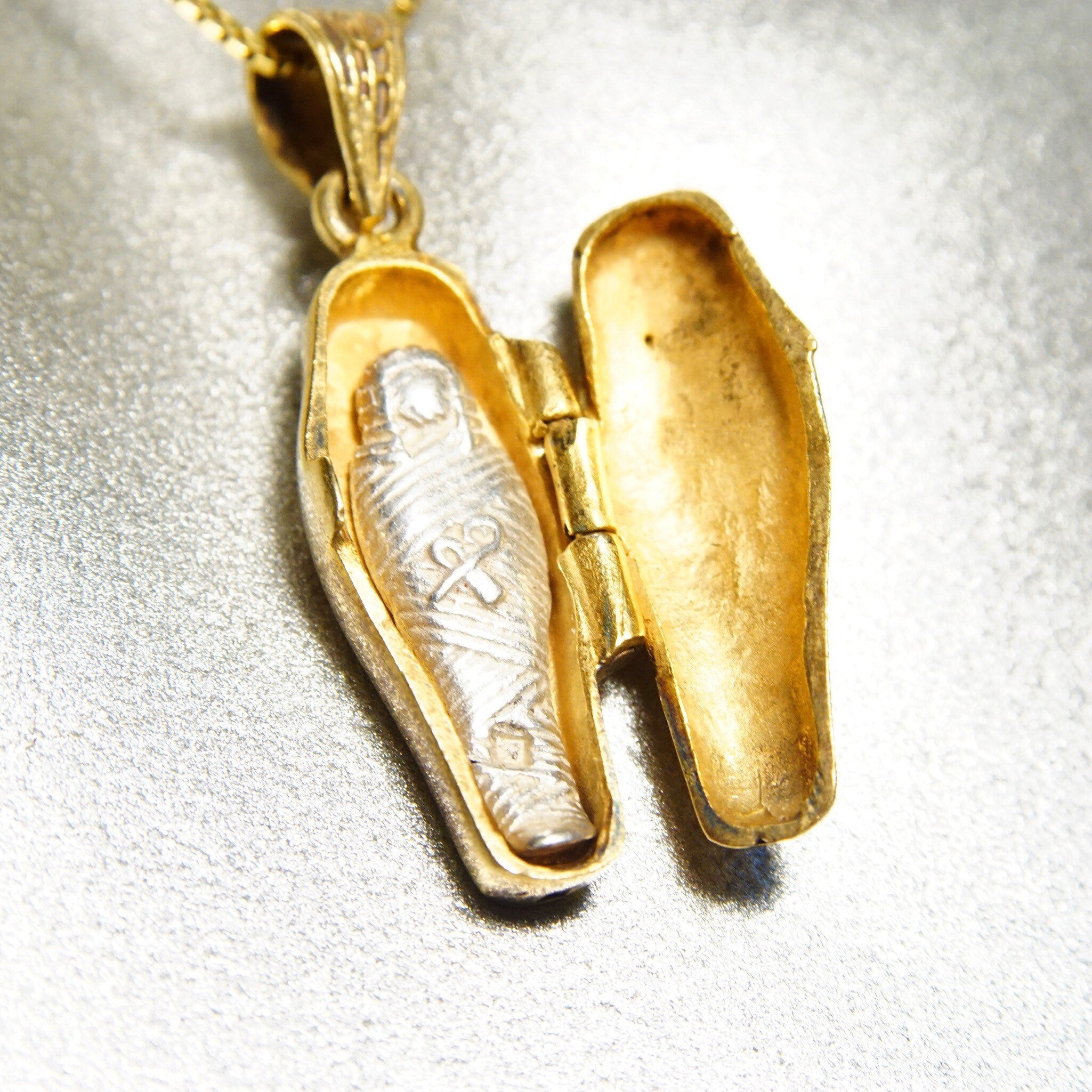 Vintage Gold Plated Sterling Silver Egyptian Sarcophagus Charm Pendant, Hinged Gold Pharaoh Coffin With Silver Mummy Inside, 36mm x 12mm