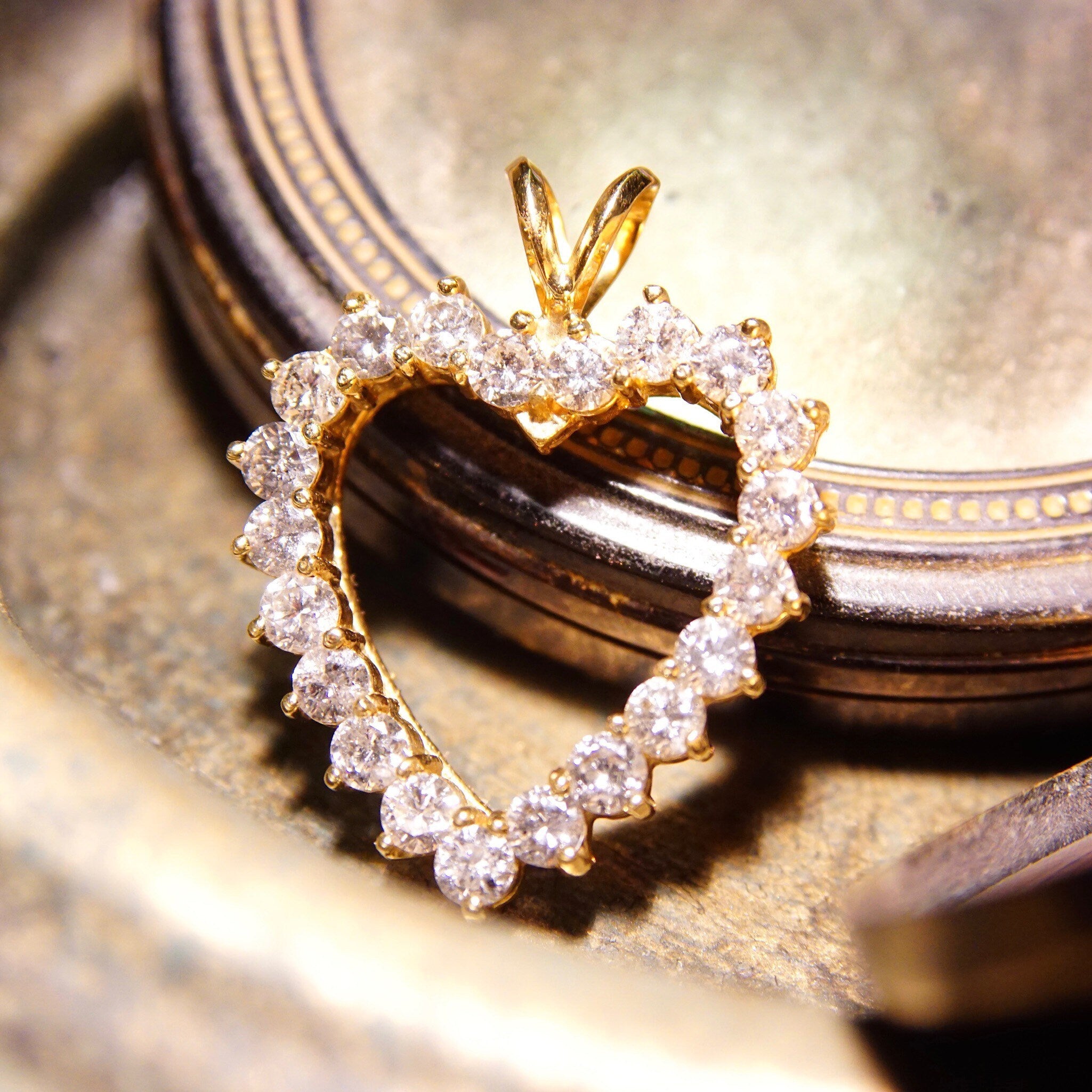 Vintage 14K Gold Open Heart Brilliant Diamond Pendant, 21 Dazzling Diamonds, 2.1 TCW, Yellow Gold Heart Pendant, 1 1/8 L