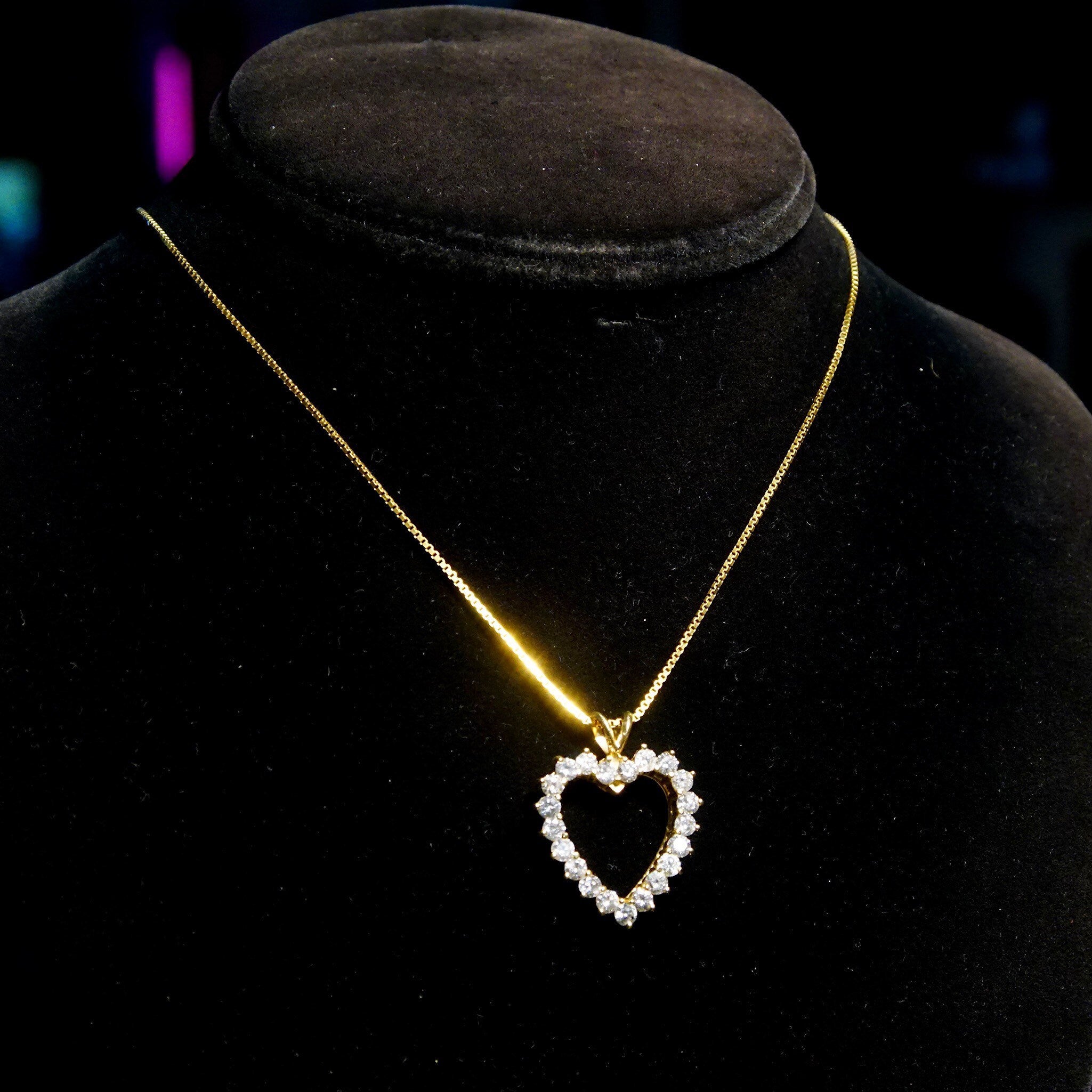 Vintage 14K Gold Open Heart Brilliant Diamond Pendant, 21 Dazzling Diamonds, 2.1 TCW, Yellow Gold Heart Pendant, 1 1/8 L