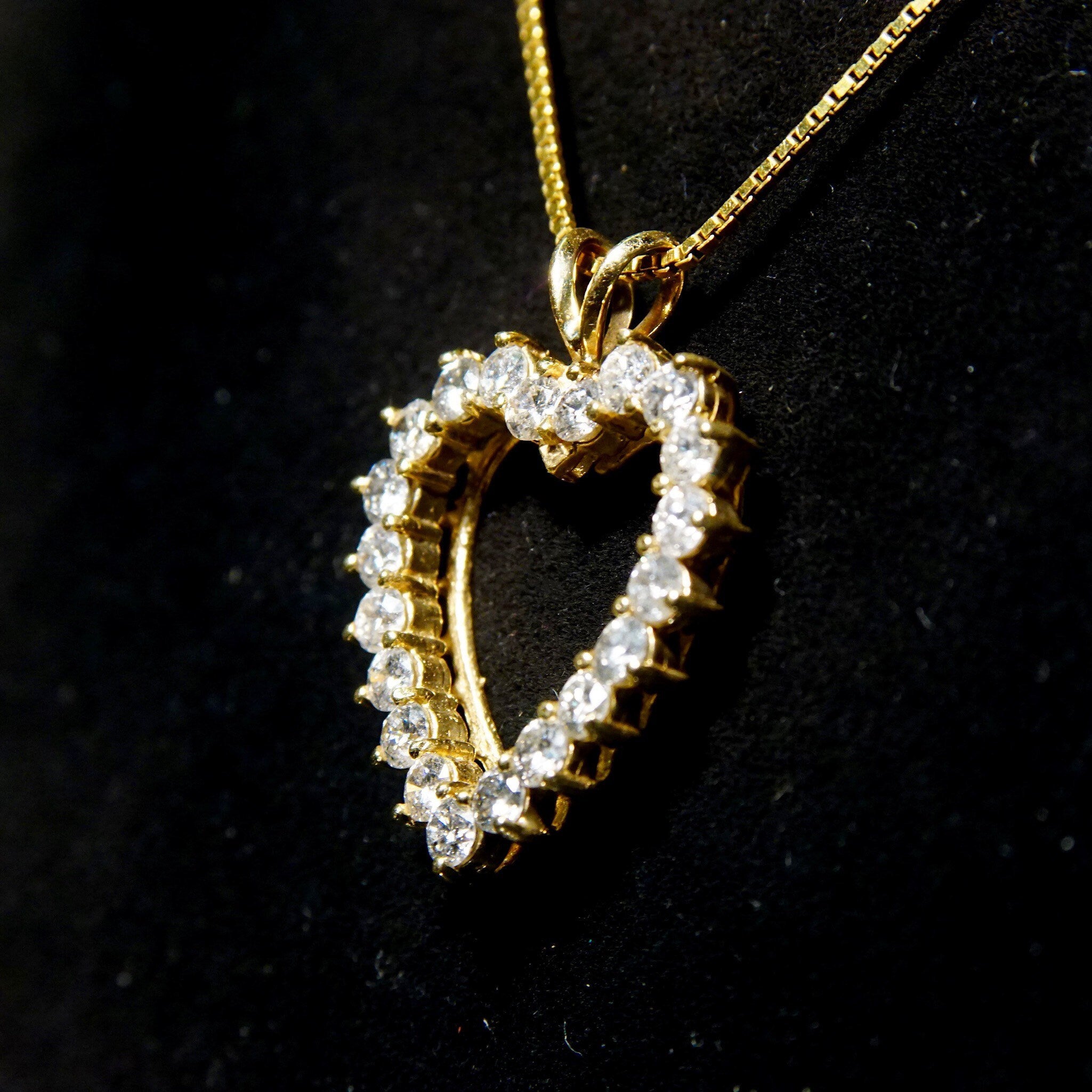Vintage 14K Gold Open Heart Brilliant Diamond Pendant, 21 Dazzling Diamonds, 2.1 TCW, Yellow Gold Heart Pendant, 1 1/8 L