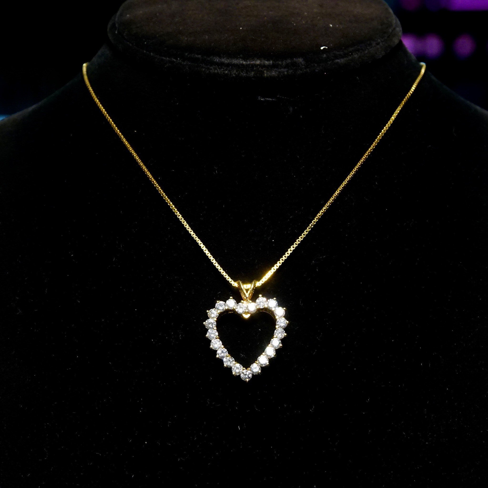 Vintage 14K Gold Open Heart Brilliant Diamond Pendant, 21 Dazzling Diamonds, 2.1 TCW, Yellow Gold Heart Pendant, 1 1/8 L