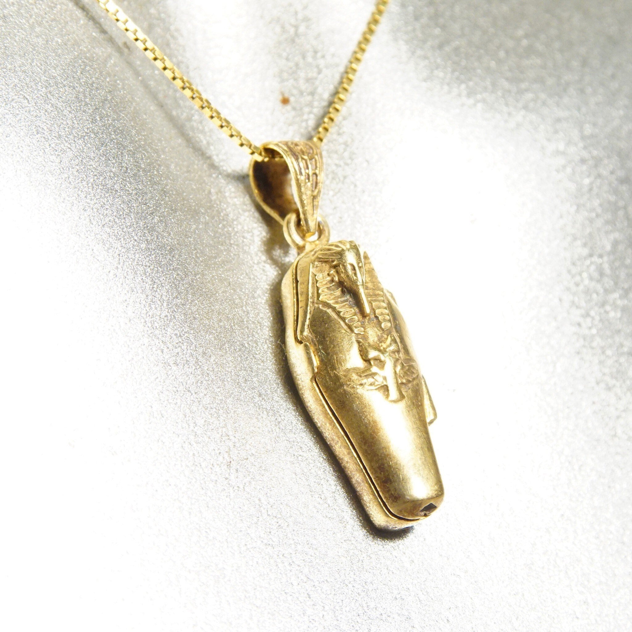Vintage Gold Plated Sterling Silver Egyptian Sarcophagus Charm Pendant, Hinged Gold Pharaoh Coffin With Silver Mummy Inside, 36mm x 12mm