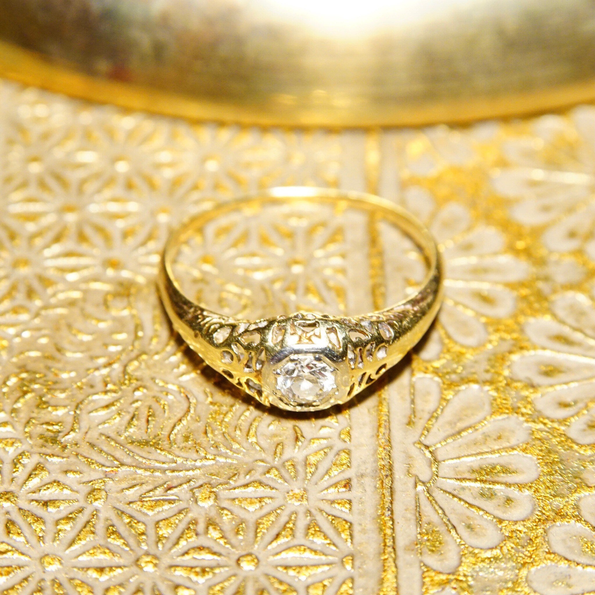 Vintage Art Deco 14K Gold Filigree Diamond Ring, Dazzling .25 CT Brilliant Cut Diamond, Antique Engagement Ring, 585 Yellow Gold, Size 8 US