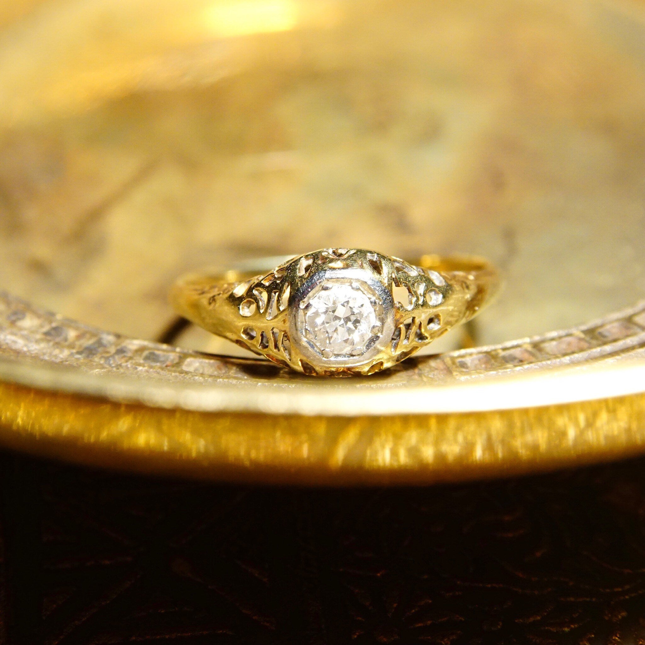 Vintage Art Deco 14K Gold Filigree Diamond Ring, Dazzling .25 CT Brilliant Cut Diamond, Antique Engagement Ring, 585 Yellow Gold, Size 8 US
