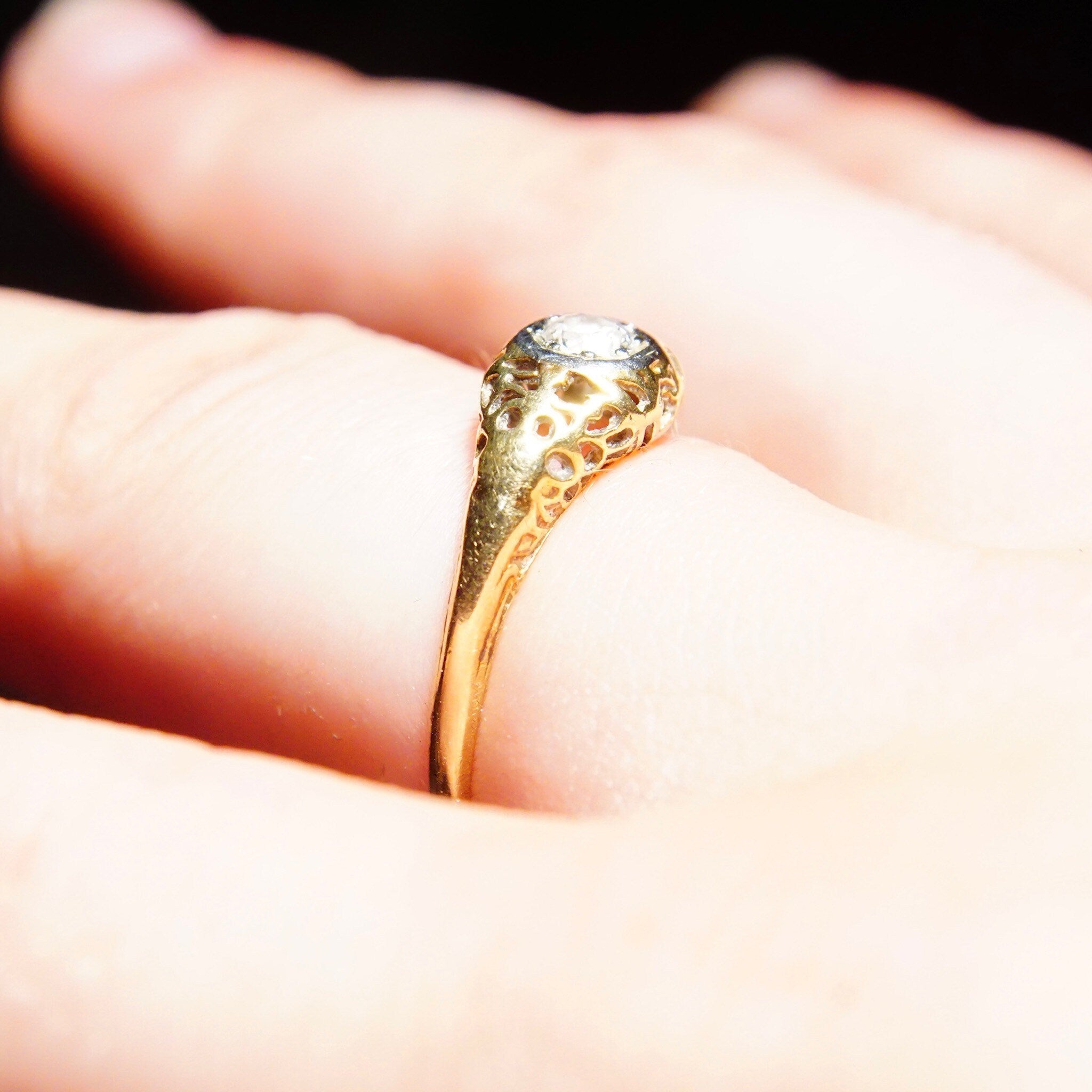 Vintage Art Deco 14K Gold Filigree Diamond Ring, Dazzling .25 CT Brilliant Cut Diamond, Antique Engagement Ring, 585 Yellow Gold, Size 8 US