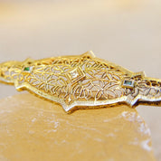 Antique 10K Gold Filigree Diamond & Emerald Bar Pin, Ornate Yellow Gold Brooch, .03 CT Round Diamond, Accent Green Emerald Gemstone, 2" L