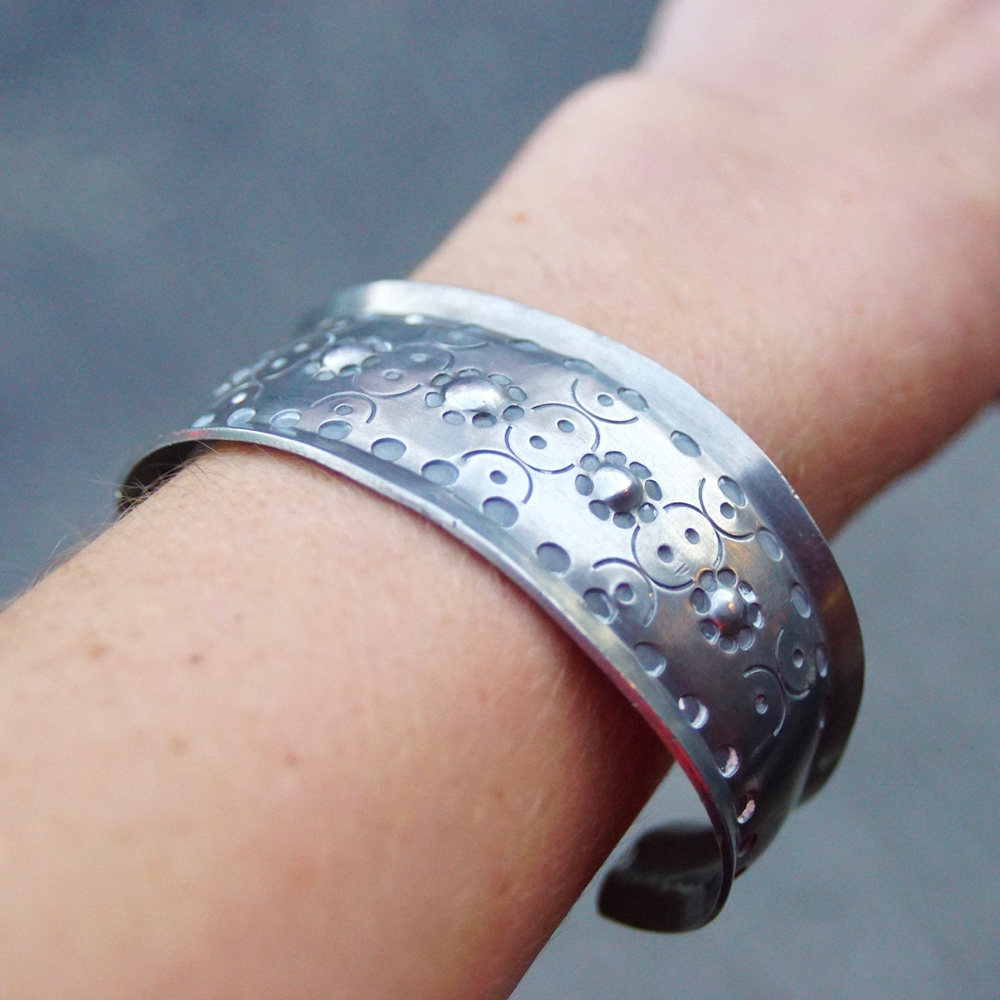Vintage Signed Jorgen Jensen 158 Pewter Cuff Bracelet, Handmade Danish Pewter Cuff, Modernist Repousse Cuff Bracelet, Wide, 6 1/4 L