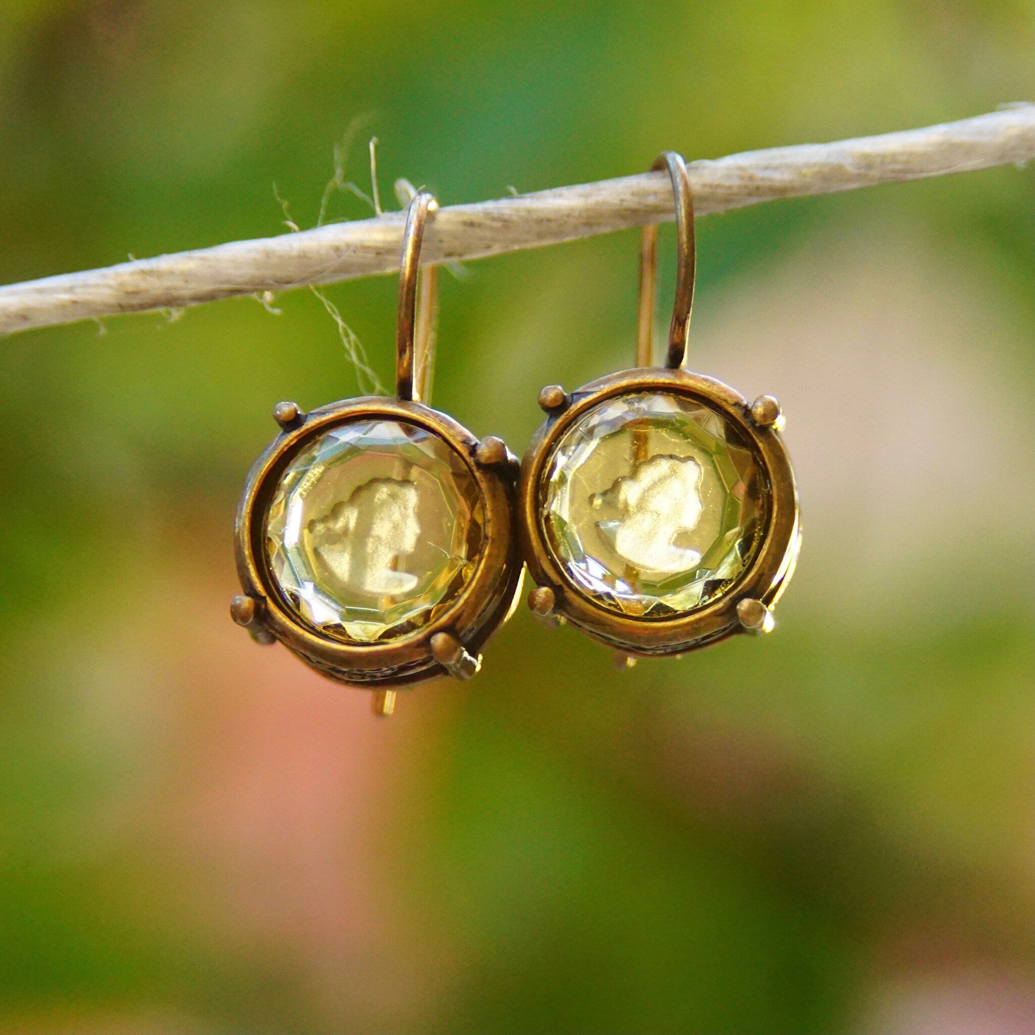 Vintage Extasia Hand Pressed Glass Intaglio Cameo Drop Earrings, Transparent Yellow Glass Cameos, French Hook Earrings, Signed EXT, 7/8 L