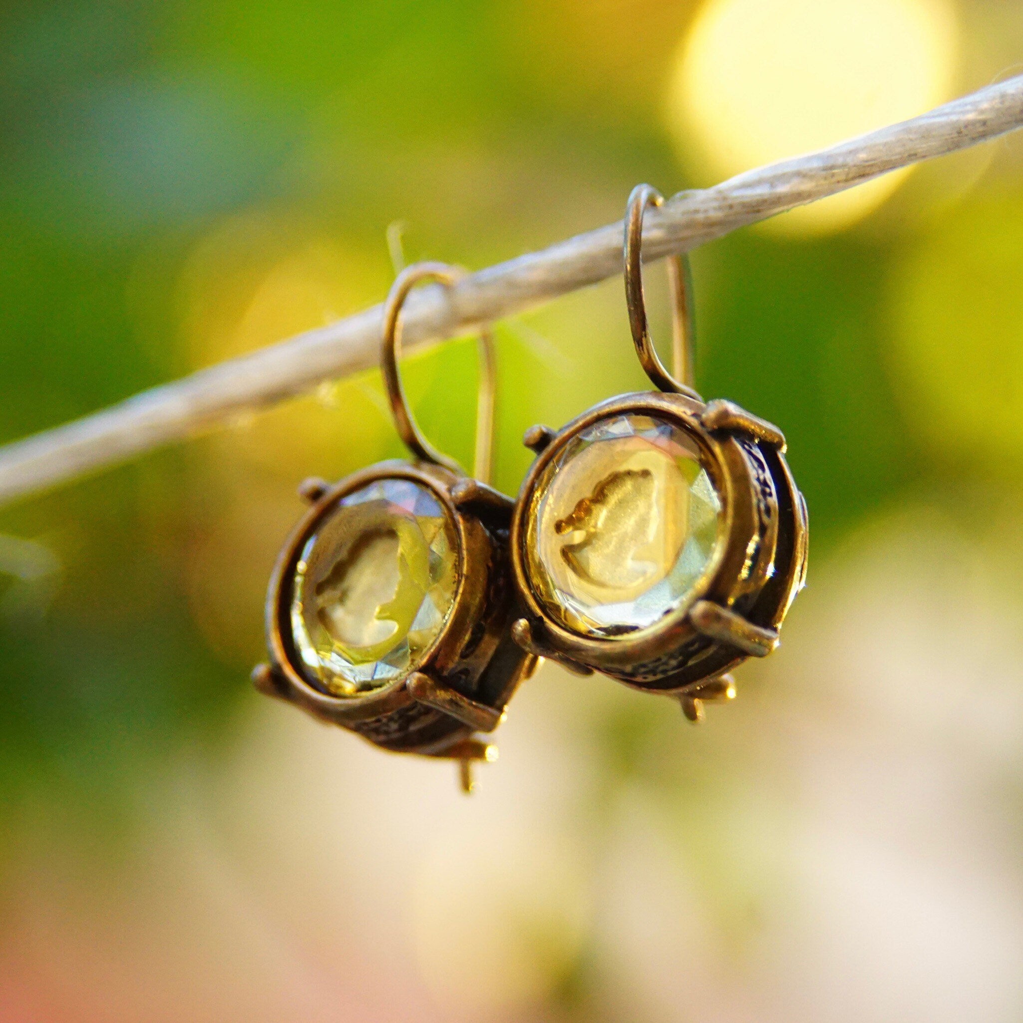 Vintage Extasia Hand Pressed Glass Intaglio Cameo Drop Earrings, Transparent Yellow Glass Cameos, French Hook Earrings, Signed EXT, 7/8 L