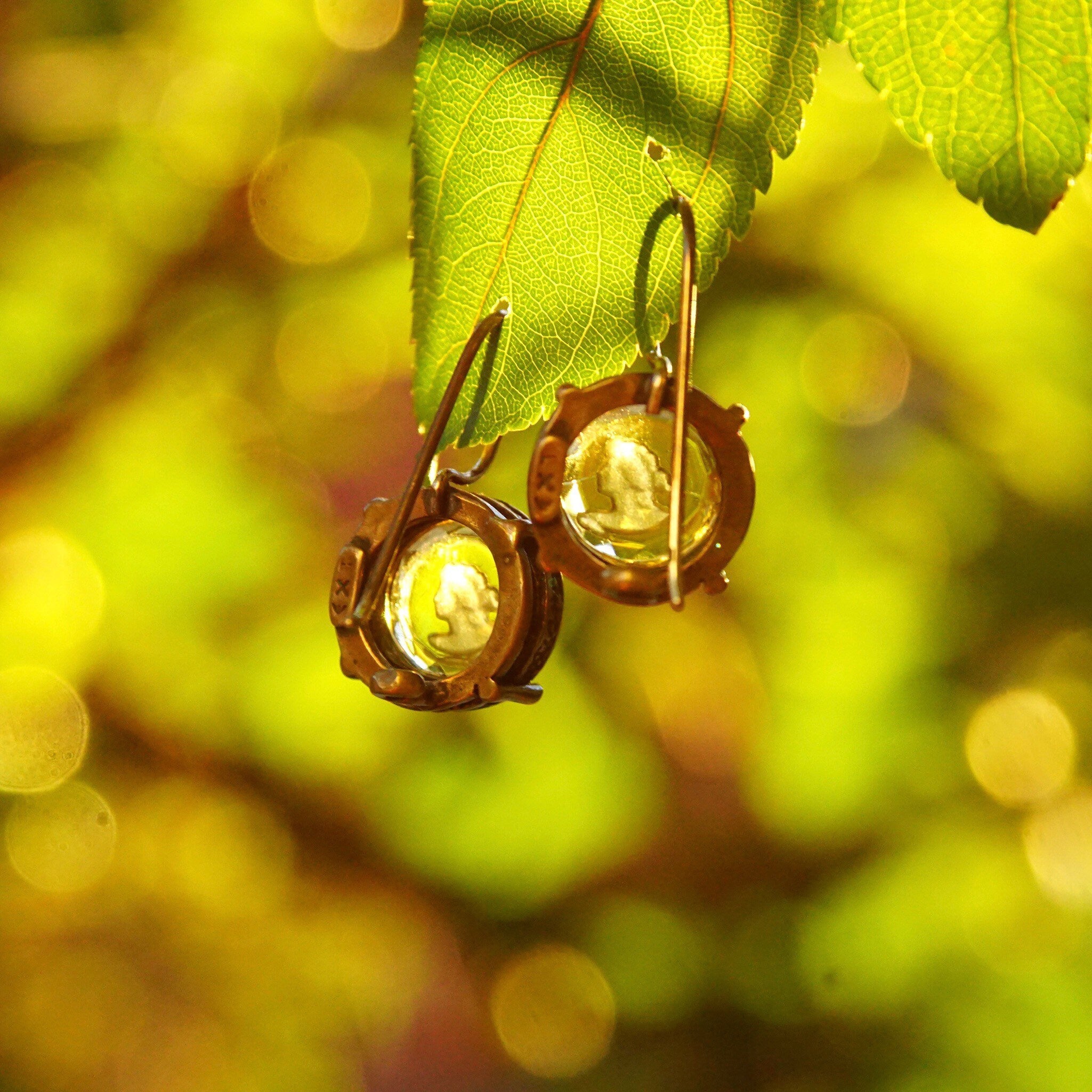 Vintage Extasia Hand Pressed Glass Intaglio Cameo Drop Earrings, Transparent Yellow Glass Cameos, French Hook Earrings, Signed EXT, 7/8 L