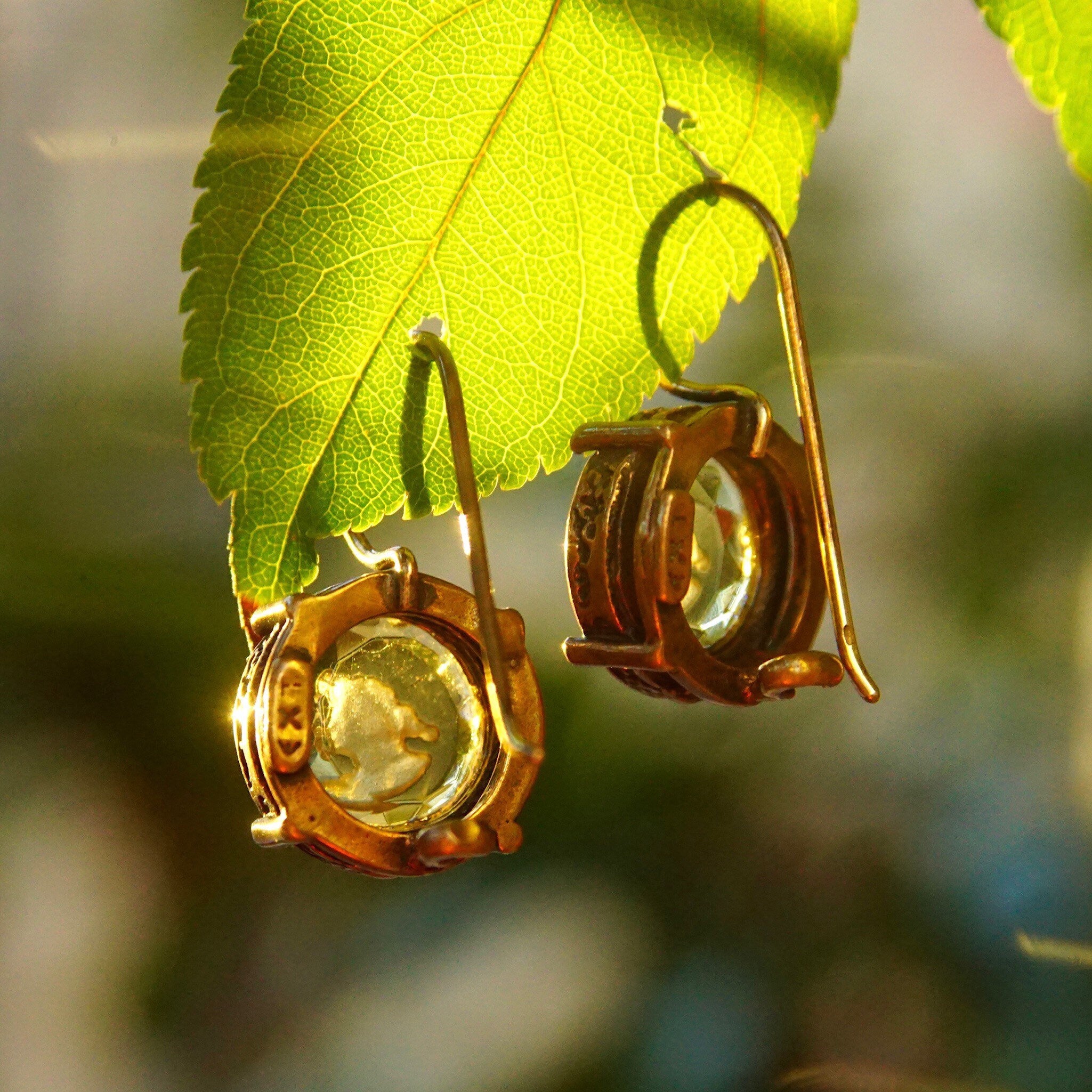 Vintage Extasia Hand Pressed Glass Intaglio Cameo Drop Earrings, Transparent Yellow Glass Cameos, French Hook Earrings, Signed EXT, 7/8 L