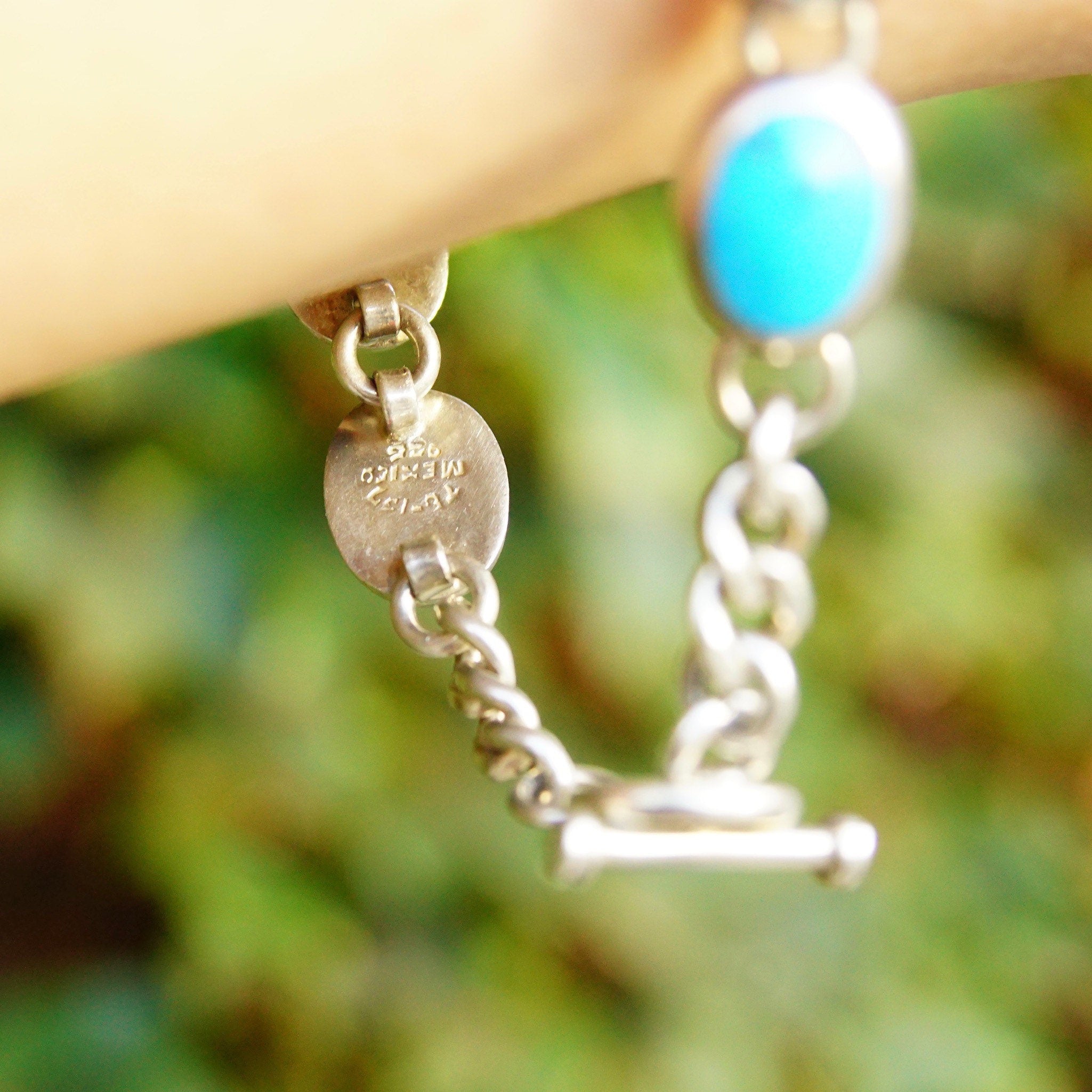 Vintage TAXCO Sterling Silver & Turquoise Link Bracelet, Mexico 925, 10 Turquoise Stones, Accent Curb Chain Links, Toggle Clasp, 9" L