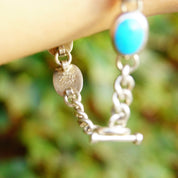 Vintage TAXCO Sterling Silver & Turquoise Link Bracelet, Mexico 925, 10 Turquoise Stones, Accent Curb Chain Links, Toggle Clasp, 9" L
