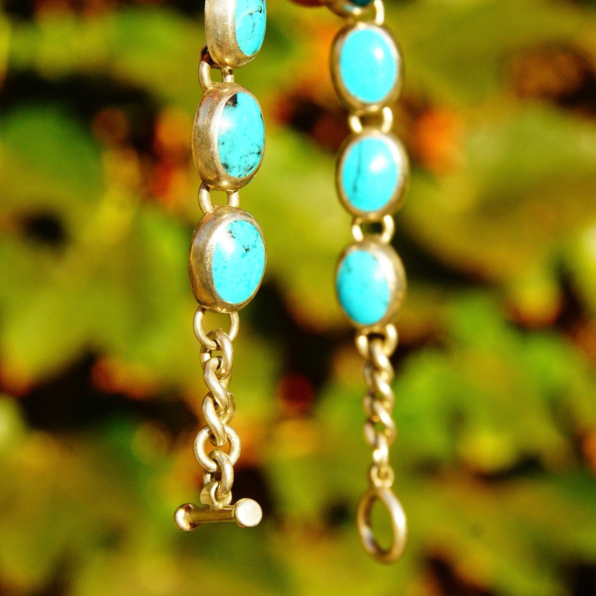 Vintage TAXCO Sterling Silver & Turquoise Link Bracelet, Mexico 925, 10 Turquoise Stones, Accent Curb Chain Links, Toggle Clasp, 9" L
