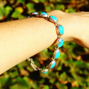 Vintage TAXCO Sterling Silver & Turquoise Link Bracelet, Mexico 925, 10 Turquoise Stones, Accent Curb Chain Links, Toggle Clasp, 9" L