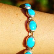 Vintage TAXCO Sterling Silver & Turquoise Link Bracelet, Mexico 925, 10 Turquoise Stones, Accent Curb Chain Links, Toggle Clasp, 9" L