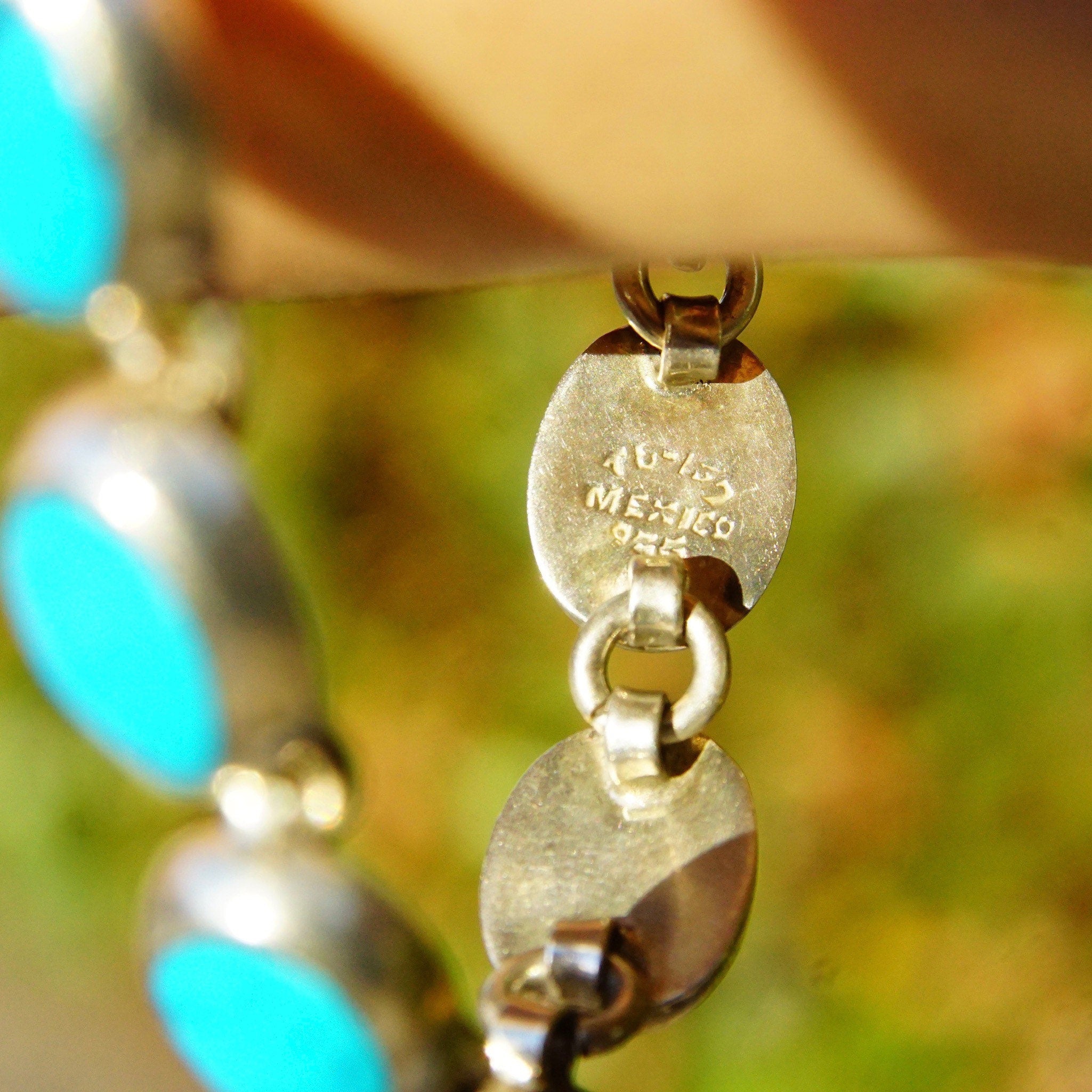 Vintage TAXCO Sterling Silver & Turquoise Link Bracelet, Mexico 925, 10 Turquoise Stones, Accent Curb Chain Links, Toggle Clasp, 9" L