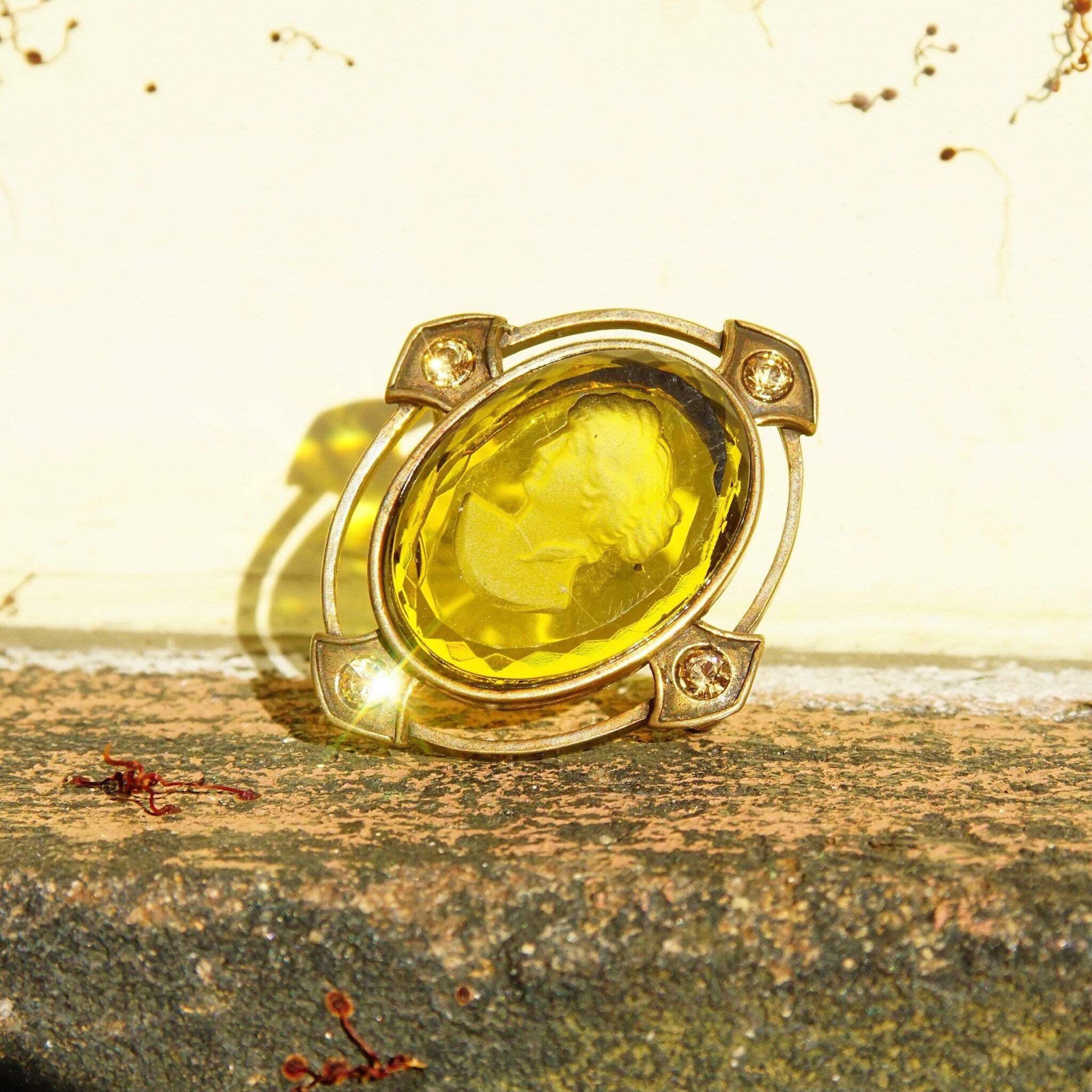 Vintage Extasia Hand Pressed Glass Intaglio Cameo Drop Earrings, Transparent Yellow Glass Cameos, French Hook Earrings, Signed EXT, 7/8 L