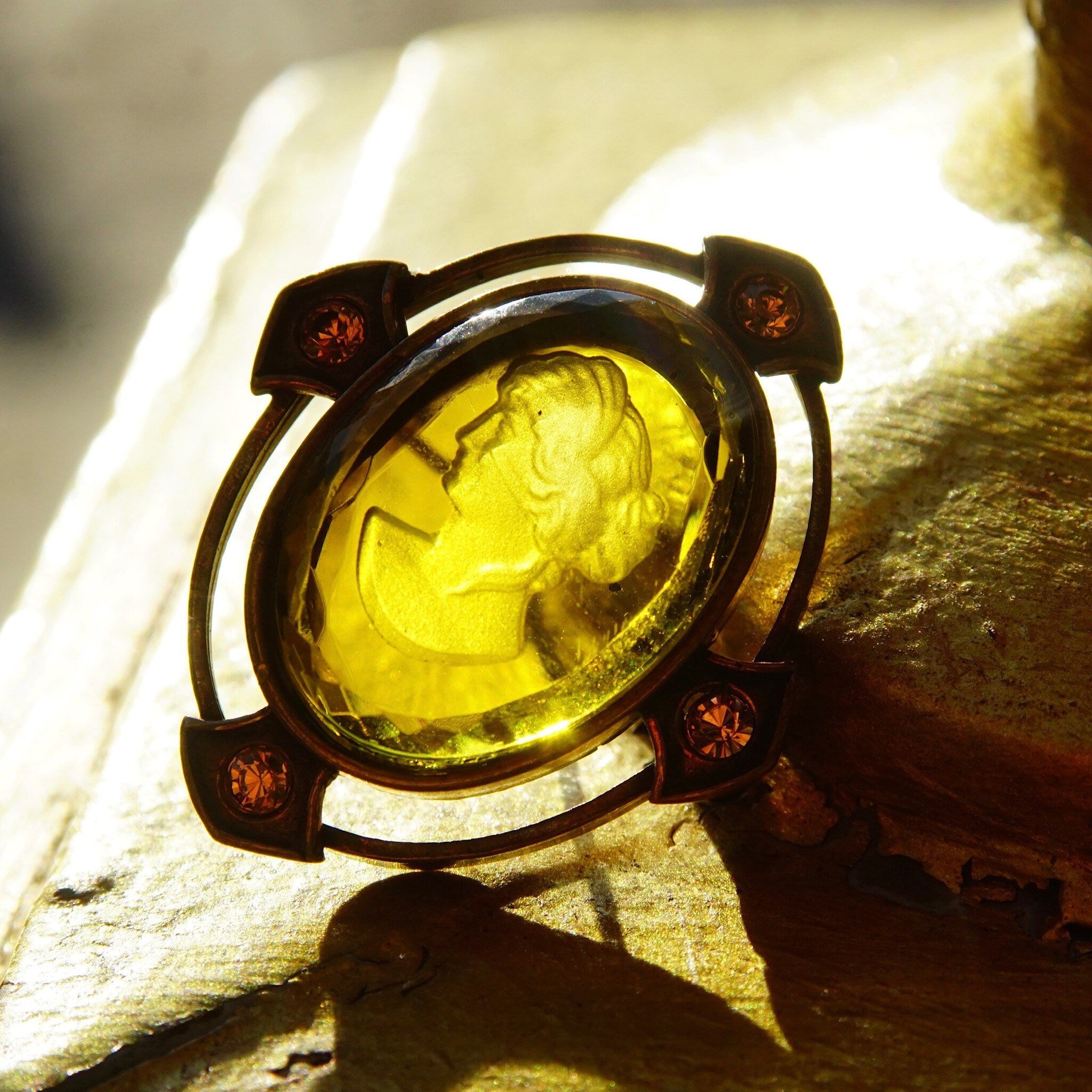 Vintage Extasia Hand Pressed Glass Intaglio Cameo Drop Earrings, Transparent Yellow Glass Cameos, French Hook Earrings, Signed EXT, 7/8 L