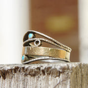 Vintage Modernist Two-Tone Sterling Silver & Opal Ring, Textured Silver Band With Gold Wash And Accent Opal Gemstones, Israeli, 7 1/2 US