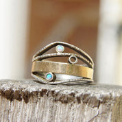 Vintage Modernist Two-Tone Sterling Silver & Opal Ring, Textured Silver Band With Gold Wash And Accent Opal Gemstones, Israeli, 7 1/2 US