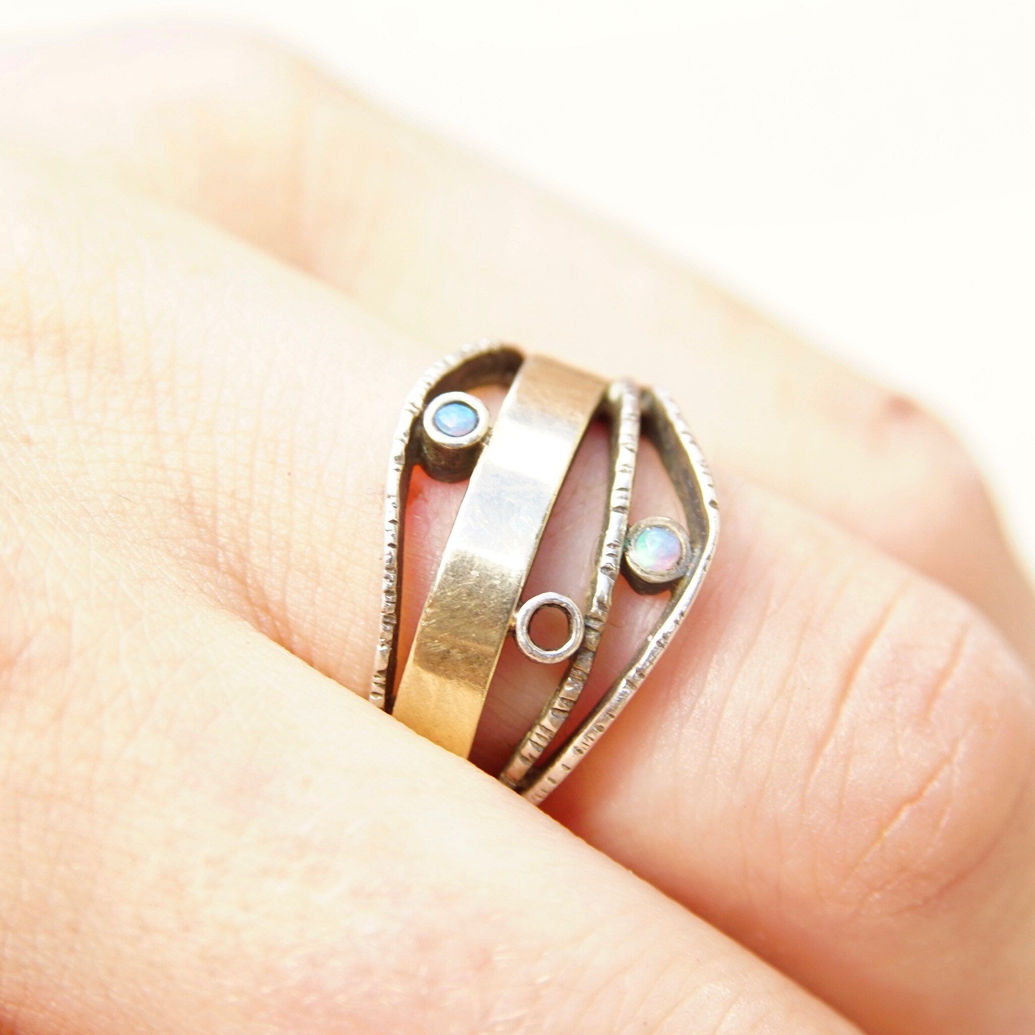 Vintage Modernist Two-Tone Sterling Silver & Opal Ring, Textured Silver Band With Gold Wash And Accent Opal Gemstones, Israeli, 7 1/2 US