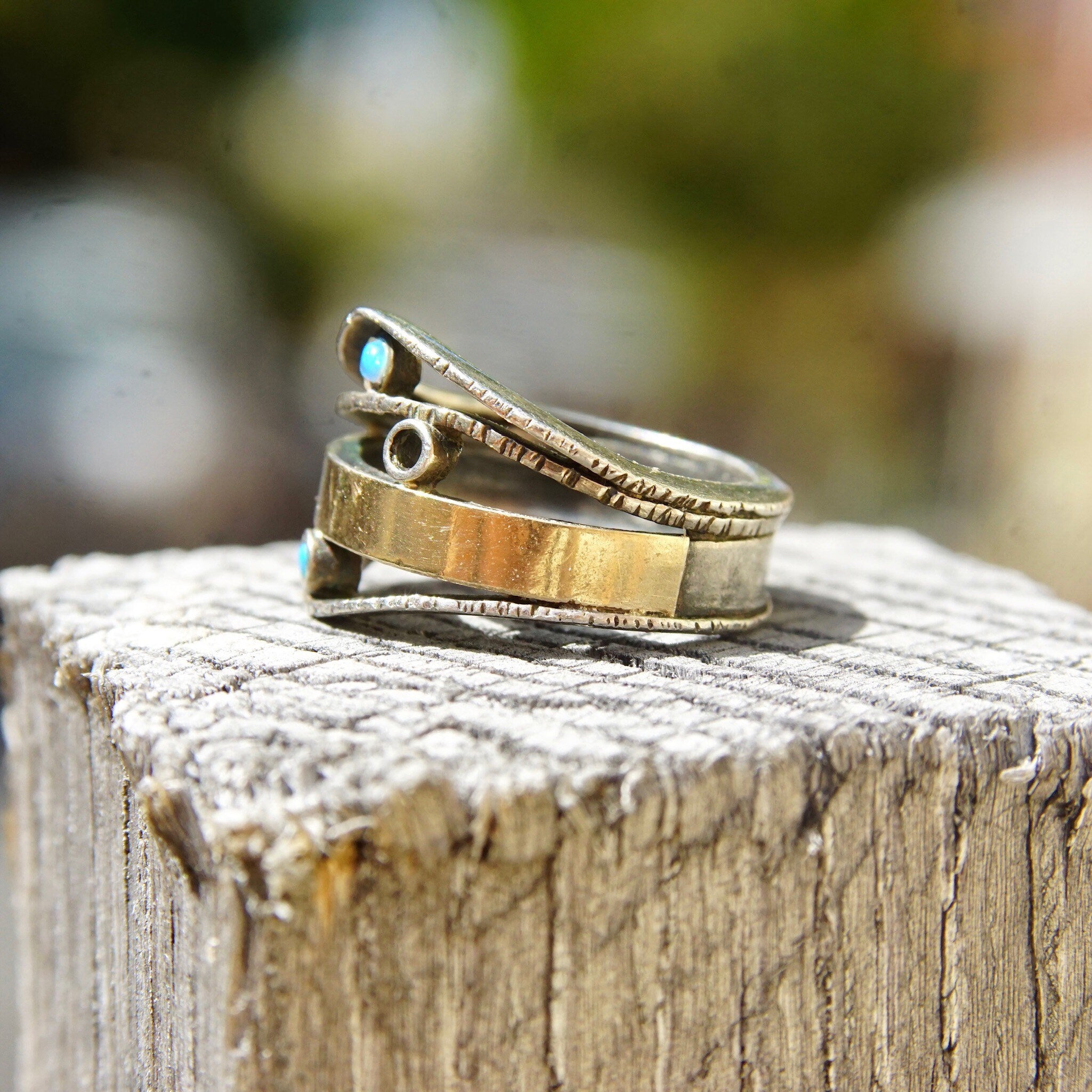 Vintage Modernist Two-Tone Sterling Silver & Opal Ring, Textured Silver Band With Gold Wash And Accent Opal Gemstones, Israeli, 7 1/2 US
