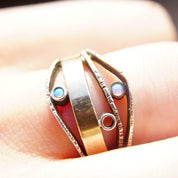 Vintage Modernist Two-Tone Sterling Silver & Opal Ring, Textured Silver Band With Gold Wash And Accent Opal Gemstones, Israeli, 7 1/2 US