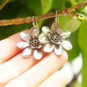 Vintage Signed Sherry Tinsman Sterling Silver Flower Earrings, Silver Daisy Dangle Earrings, Oxidized Details, 925 Jewelry, 1 5/8" L