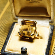 Vintage 10k Gold Smoky Quartz Cocktail Ring, Prong-Set Champagne Gemstone, Emerald Cut, Yellow Gold Setting & Band, Size 6 1/4 US