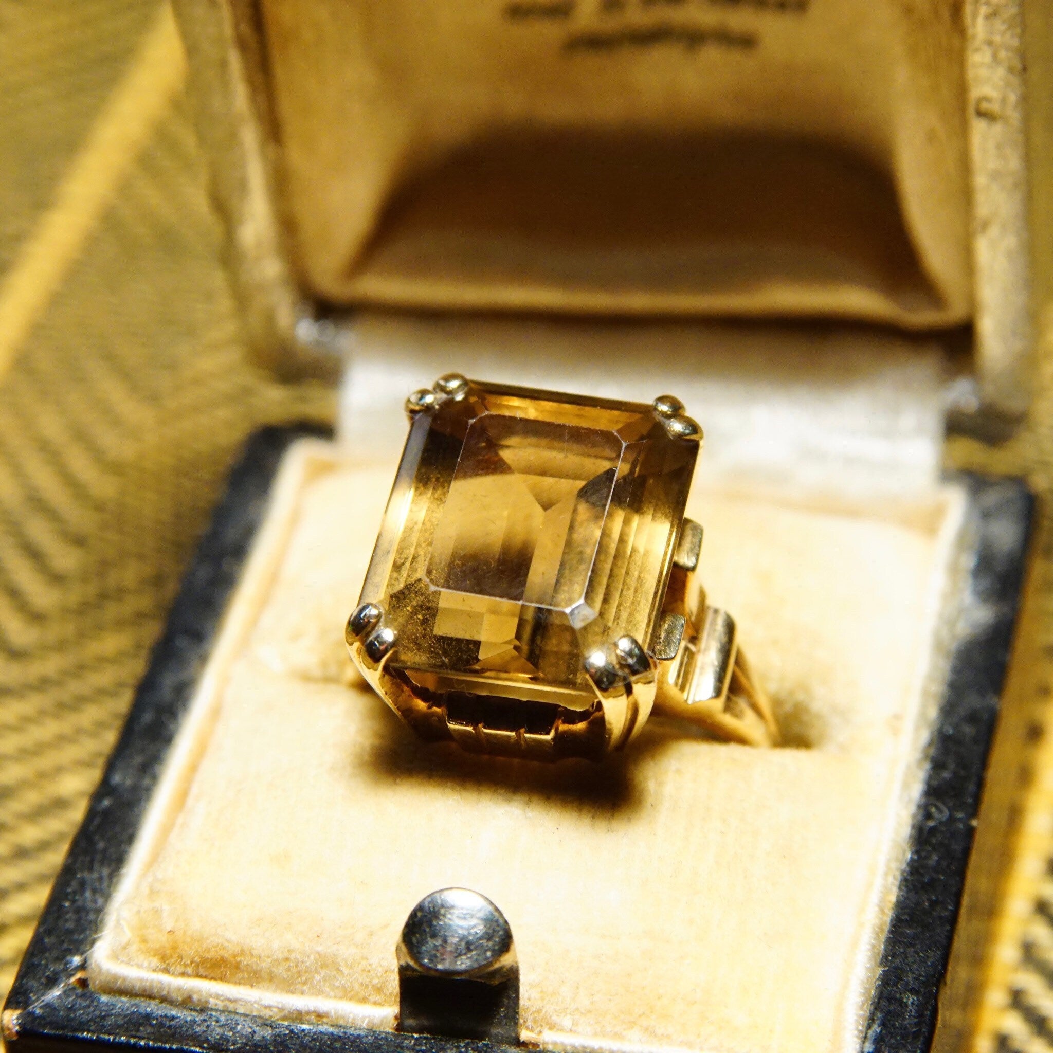 Vintage 10k Gold Smoky Quartz Cocktail Ring, Prong-Set Champagne Gemstone, Emerald Cut, Yellow Gold Setting & Band, Size 6 1/4 US