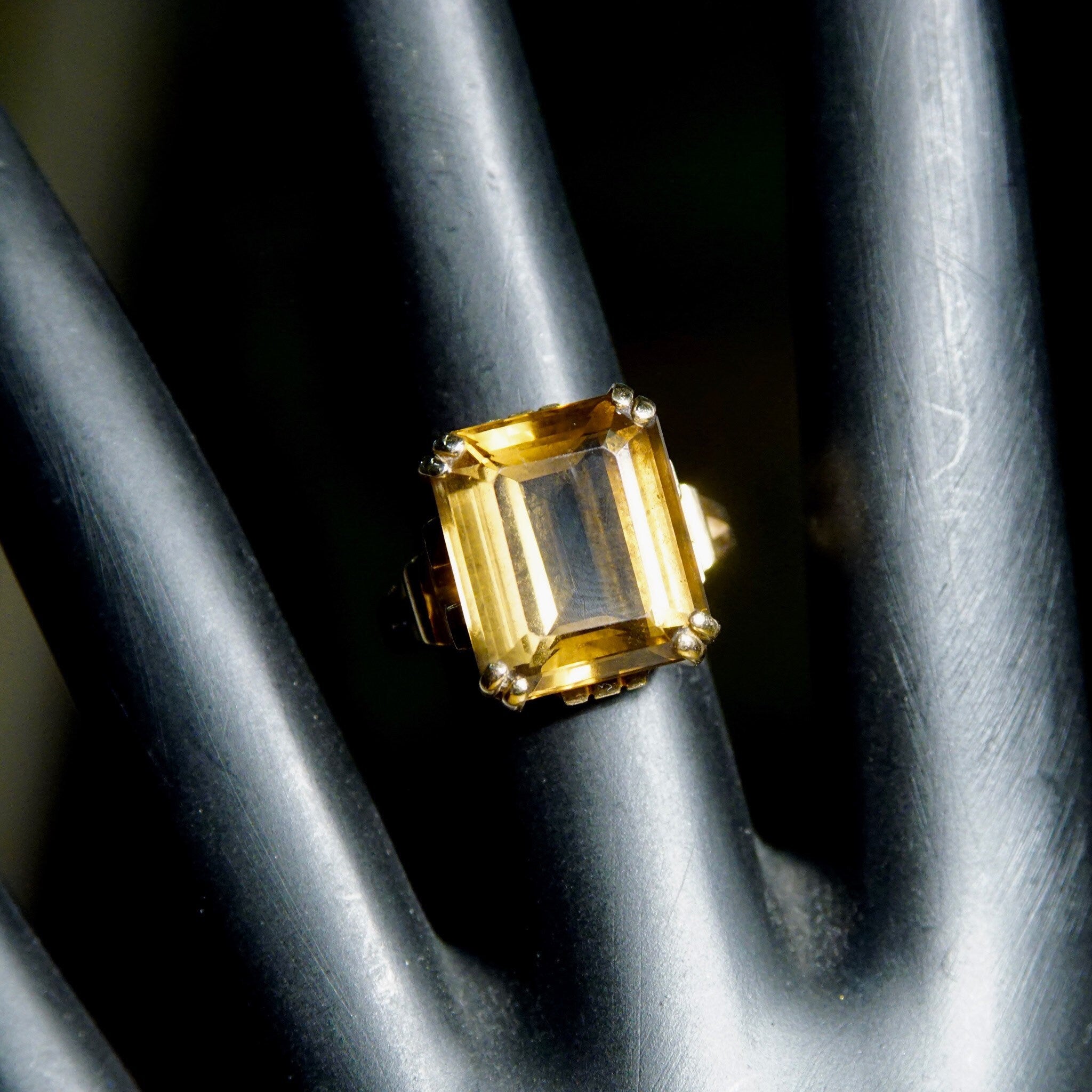 Vintage 10k Gold Smoky Quartz Cocktail Ring, Prong-Set Champagne Gemstone, Emerald Cut, Yellow Gold Setting & Band, Size 6 1/4 US