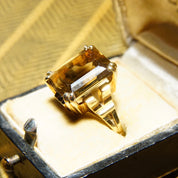 Vintage 10k Gold Smoky Quartz Cocktail Ring, Prong-Set Champagne Gemstone, Emerald Cut, Yellow Gold Setting & Band, Size 6 1/4 US