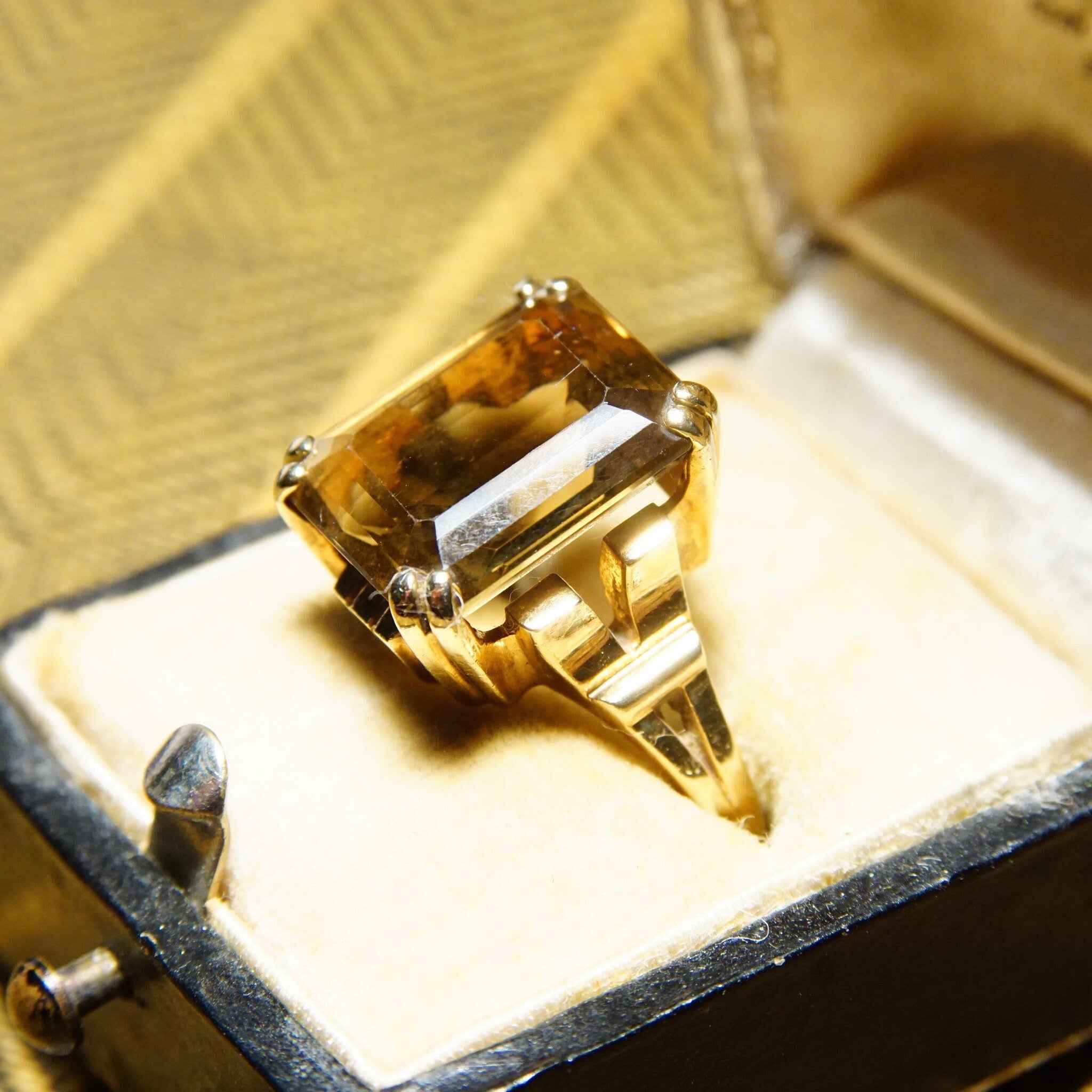 Vintage 10k Gold Smoky Quartz Cocktail Ring, Prong-Set Champagne Gemstone, Emerald Cut, Yellow Gold Setting & Band, Size 6 1/4 US