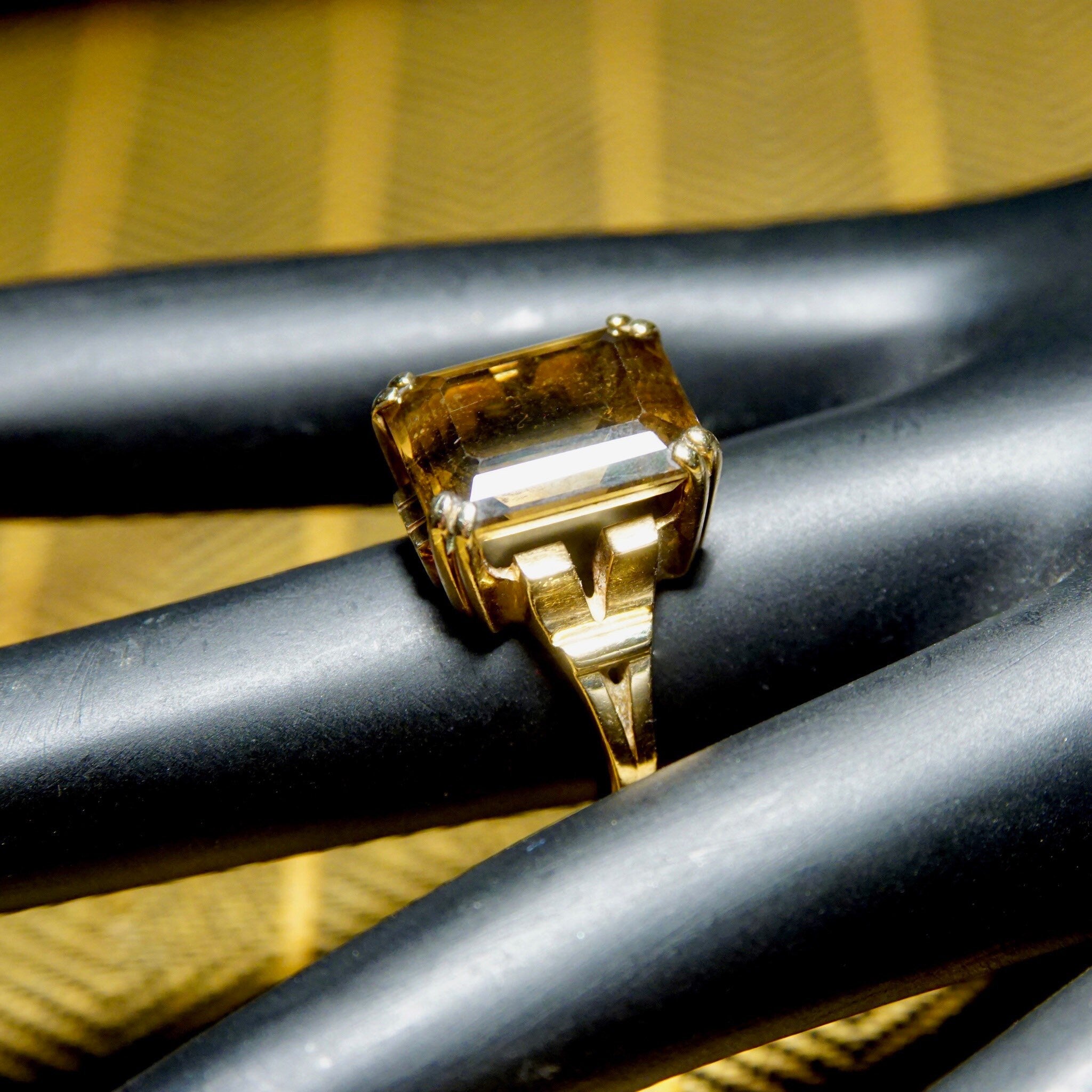 Vintage 10k Gold Smoky Quartz Cocktail Ring, Prong-Set Champagne Gemstone, Emerald Cut, Yellow Gold Setting & Band, Size 6 1/4 US