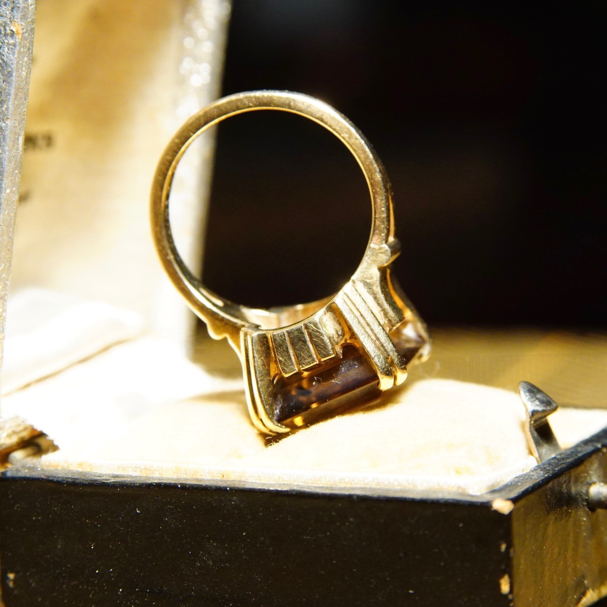 Vintage 10k Gold Smoky Quartz Cocktail Ring, Prong-Set Champagne Gemstone, Emerald Cut, Yellow Gold Setting & Band, Size 6 1/4 US