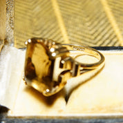 Vintage 10k Gold Smoky Quartz Cocktail Ring, Prong-Set Champagne Gemstone, Emerald Cut, Yellow Gold Setting & Band, Size 6 1/4 US
