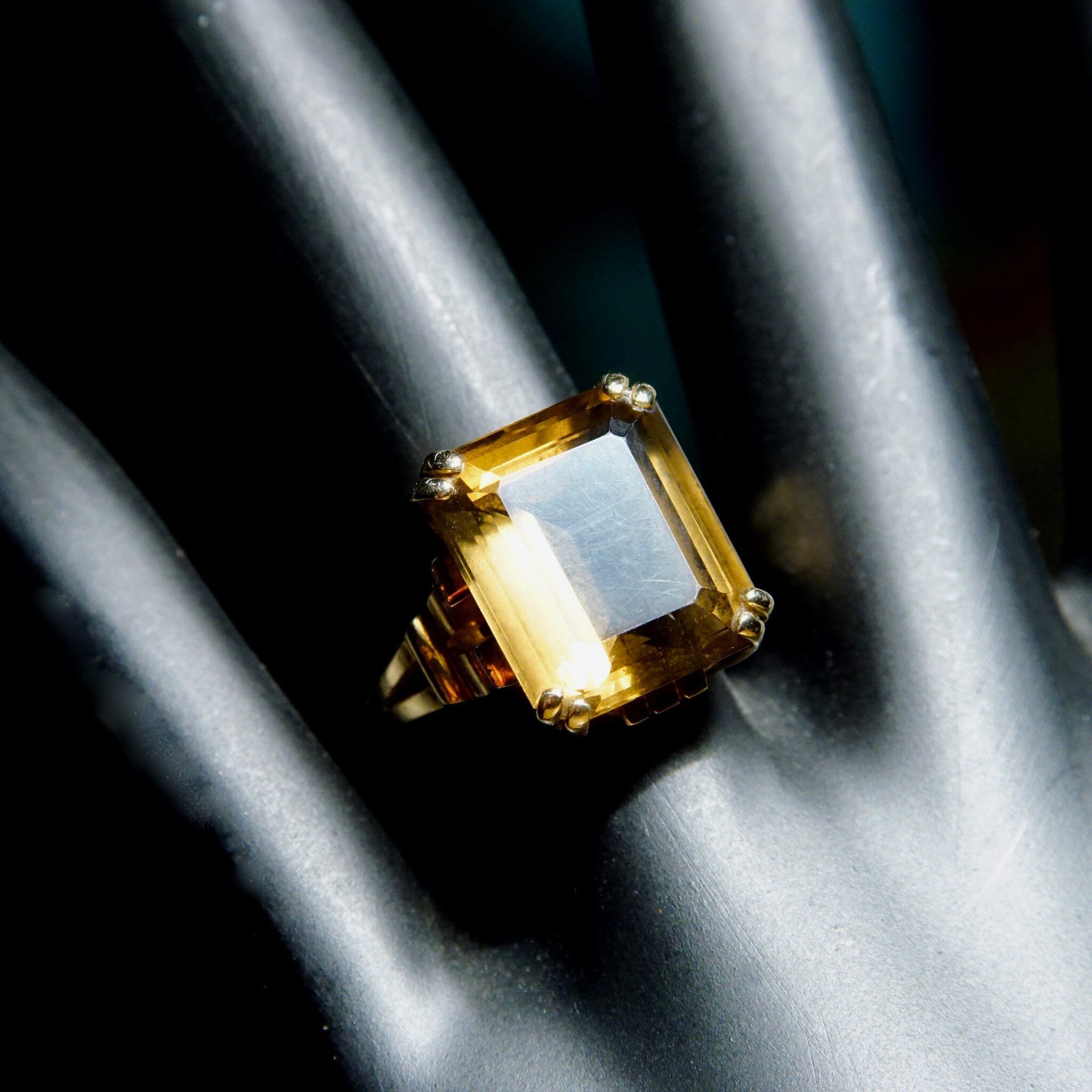 Vintage 10k Gold Smoky Quartz Cocktail Ring, Prong-Set Champagne Gemstone, Emerald Cut, Yellow Gold Setting & Band, Size 6 1/4 US