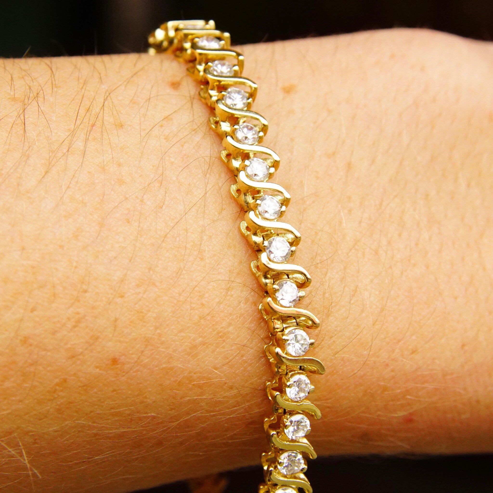 Vintage 14K Gold Diamond 'S' Tennis Bracelet, 40 Brilliant Diamonds, 5 TCW, Accent Gold Link Design, Elegant Diamond Bracelet, 7 1/2" L