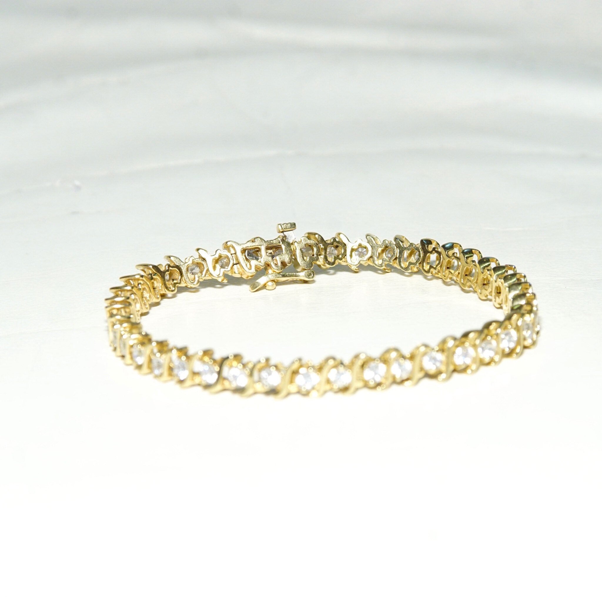 Vintage 14K Gold Diamond 'S' Tennis Bracelet, 40 Brilliant Diamonds, 5 TCW, Accent Gold Link Design, Elegant Diamond Bracelet, 7 1/2" L