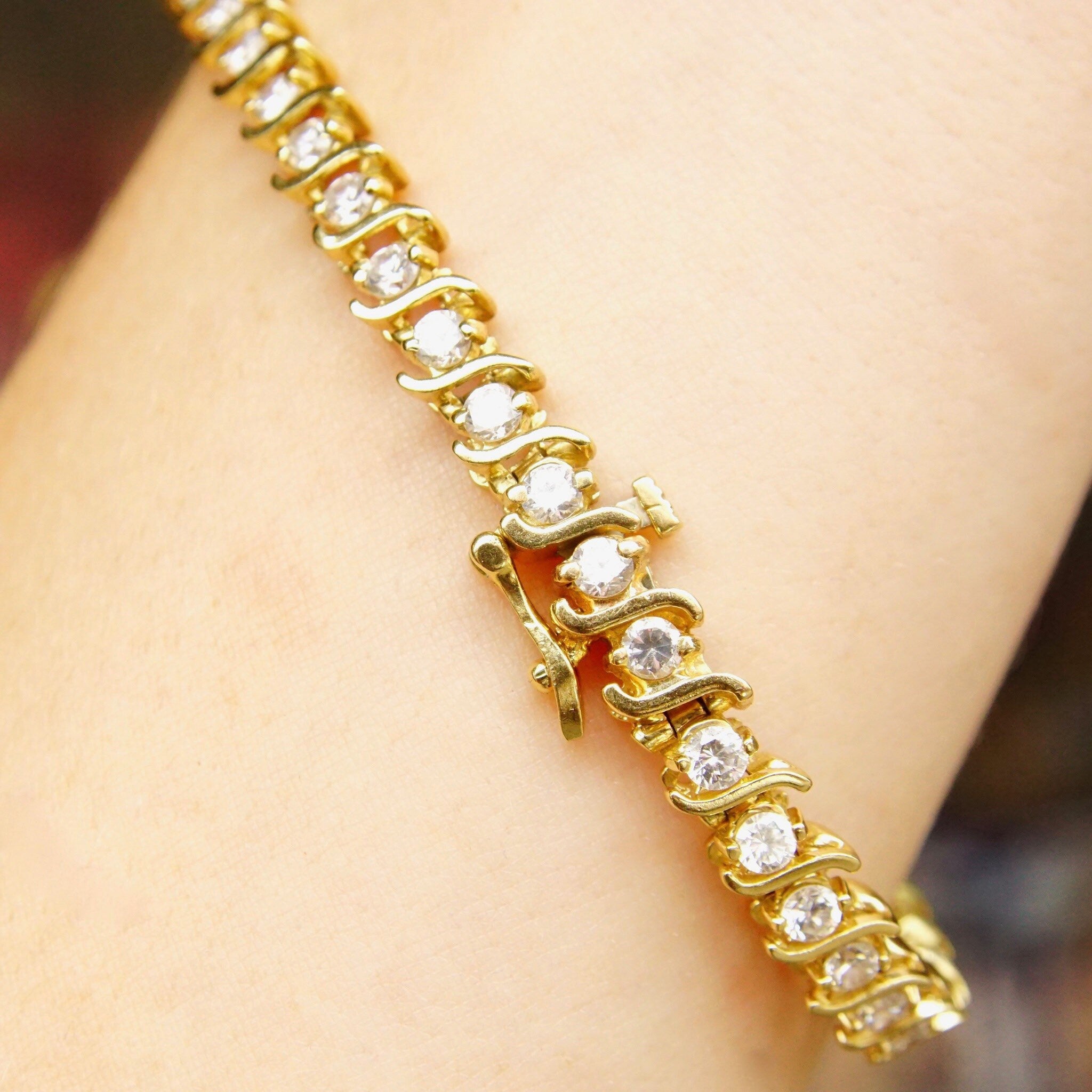 Vintage 14K Gold Diamond 'S' Tennis Bracelet, 40 Brilliant Diamonds, 5 TCW, Accent Gold Link Design, Elegant Diamond Bracelet, 7 1/2" L